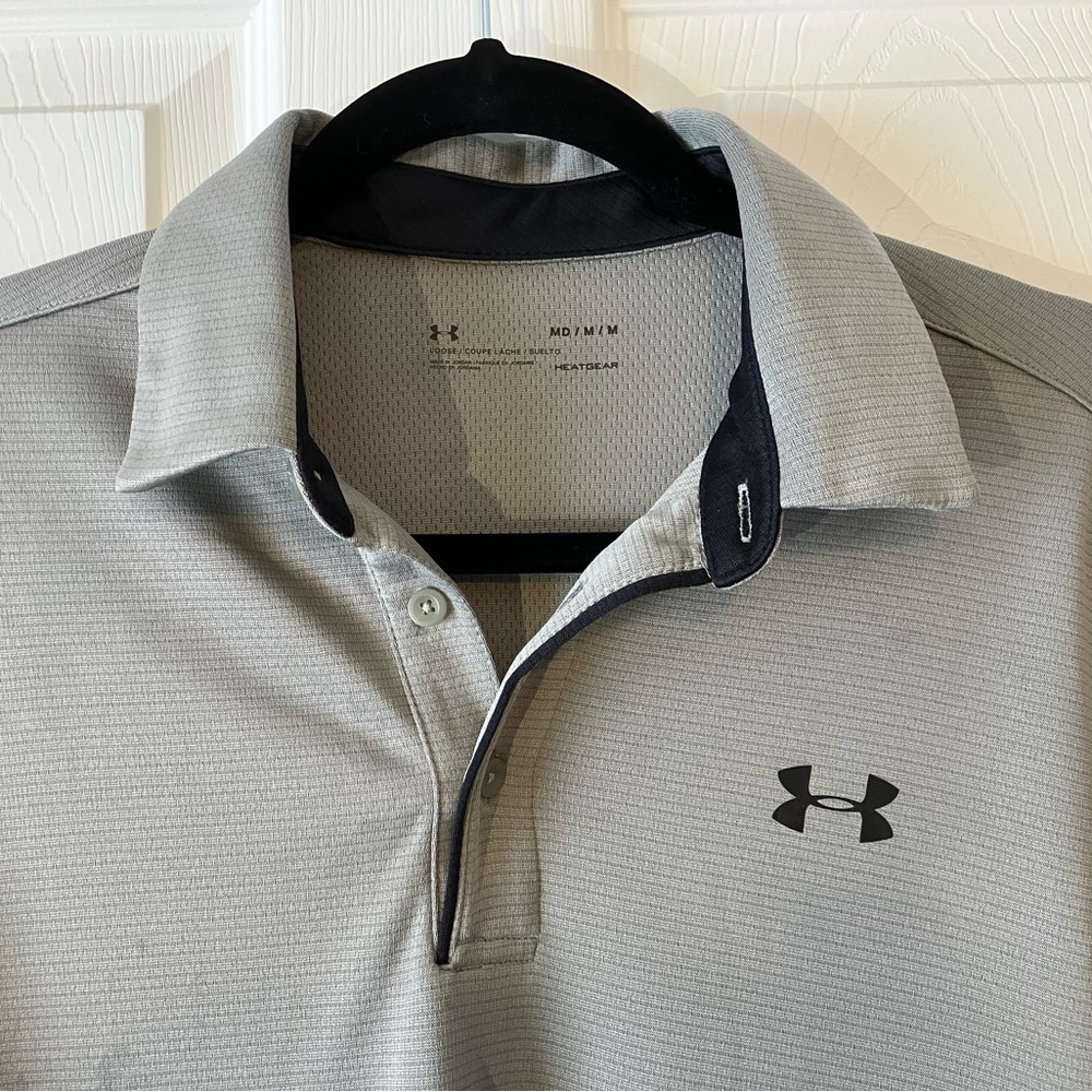 NWT Medium men’s Under Armour Loose Heat Gear Gray  Polo short sleeves